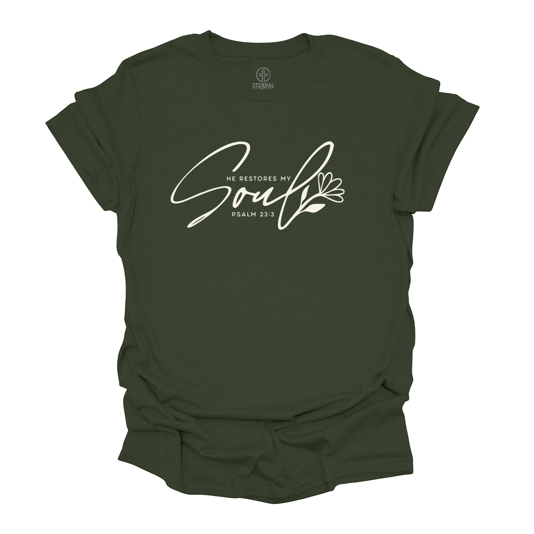 He Restores My Soul Olive Tee